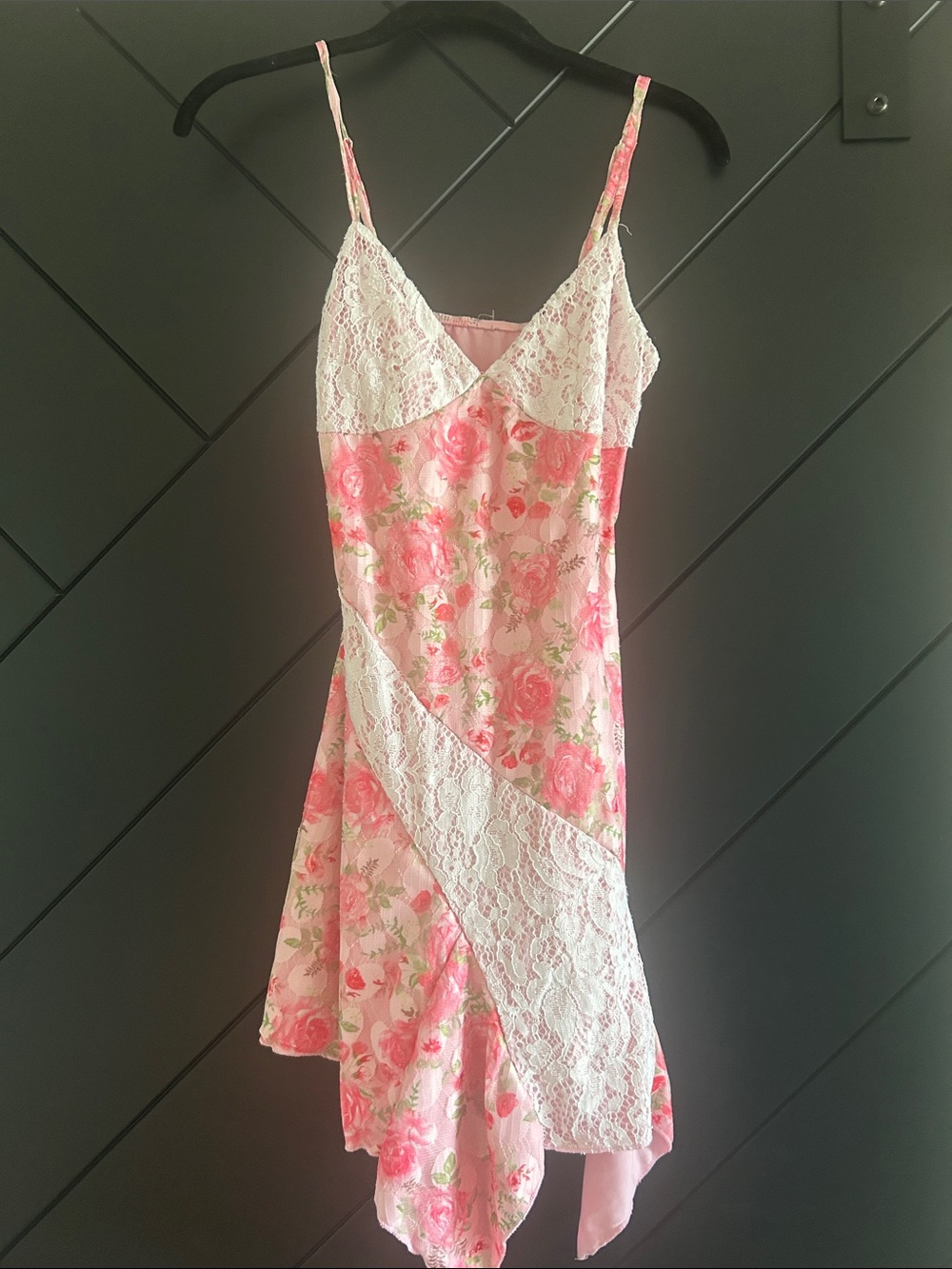 SHEIN Pink Rose Print Lace-Trim Slip Dress